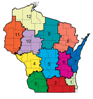 Map of Wisconsin divided into 12 CESA areas